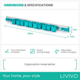 Livivo Wall Mounted Mop And Broom Holder With 5 Grips 6 Hooks Turquoise - thumbnail 5