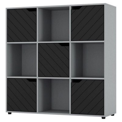 Urbn-Living Urbnliving 91Cm Height Grey Wooden 9 Cube Bookcase With Black Line Door Display Shelf Storage Shelving Cupboard - image 1