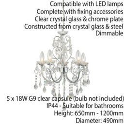 Bathroom Ceiling Pendant Light Chrome & Crystal Ip44 5 Bulb Hanging Lamp Rose - thumbnail 2