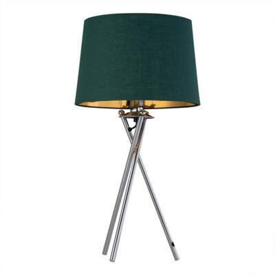 First Choice Lighting Tripod - Chrome Lamp With Green & Gold Fabric Shade - image 1
