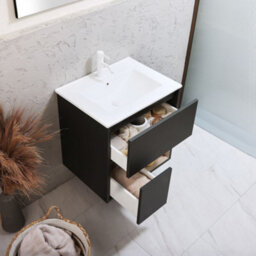 Homestylestore Black Grey 612mm Wall Hung Bathroom Vanity Unit Led Lit Open Shelf And Chalk Basin - thumbnail 2