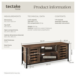 Tectake Tv Stand Carlow - Lowboard With Two Cabinets, Shelves, 2 Cable Cutouts 110 Cm - Industrial Wood Dark, Rustic - thumbnail 6