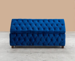 90Cm Riga Ottoman Storage Box With Wooden Legs, Sapphire Blue Velvet Upholstered Chesterfield Storage Ottoman Box