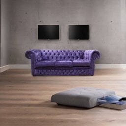 Chesterfield Crystal Diamond 3 Seater Sofa Shimmer Grape Velvet Fabric In Classic Style - thumbnail 3