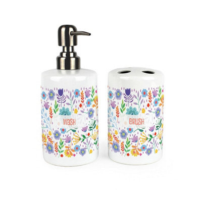 Purely Home Multicoloured Floral Bathroom Set - Refillable Ceramic Soap Dispenser & Toothbrush Holder - image 1
