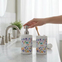 Purely Home Multicoloured Floral Bathroom Set - Refillable Ceramic Soap Dispenser & Toothbrush Holder - thumbnail 2