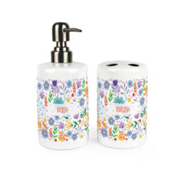 Purely Home Multicoloured Floral Bathroom Set - Refillable Ceramic Soap Dispenser & Toothbrush Holder - thumbnail 1