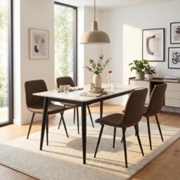 Fwstyle 5 Piece Cream Marble Effect Stone Dining Table & Dark Brown Chairs Set