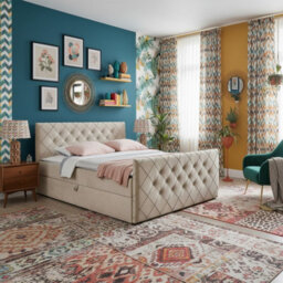Malaga M 180X200 Upholstered Bed With Topper Mdf Laminated Board Frame Hr Foam Bonnell Springs Wooden Slatted Base Beige