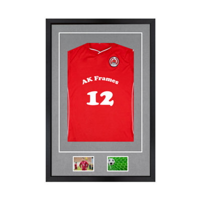"AK Frames 90X60Cm Matte Black Football Shirt Frame With Mid Grey Mount - 58X40Cm Shirt Window Plus Two 5X3.5"" Photo Apertures" - image 1