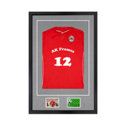 "AK Frames 90X60Cm Matte Black Football Shirt Frame With Mid Grey Mount - 58X40Cm Shirt Window Plus Two 5X3.5"" Photo Apertures" - thumbnail 1