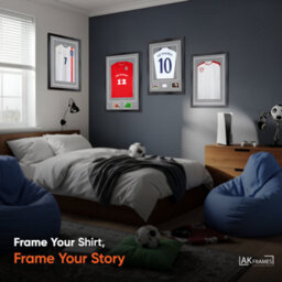 "AK Frames 90X60Cm Matte Black Football Shirt Frame With Mid Grey Mount - 58X40Cm Shirt Window Plus Two 5X3.5"" Photo Apertures" - thumbnail 4