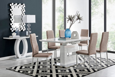 Furniturebox Arezzo White High Gloss Extending Dining Table & 6 Cappuccino Beige Milan Faux Leather Dining Chairs - image 1