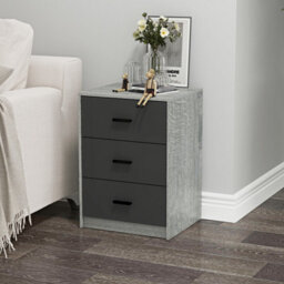 Urbn-Living Urbnliving Height 56Cm 3 Drawer Wooden Bedroom Bedside Cabinet Furniture Grey Oak Carcass & Black Drawers Storage Nightstand - thumbnail 2
