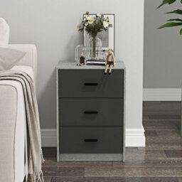 Urbn-Living Urbnliving Height 56Cm 3 Drawer Wooden Bedroom Bedside Cabinet Furniture Grey Oak Carcass & Black Drawers Storage Nightstand - thumbnail 3