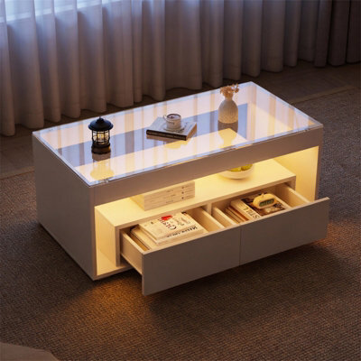 High Gloss Coffee Table With Led Glass Tabletop Light Up 2-Darwer Sofa Side Table - image 1
