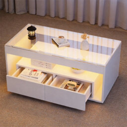 High Gloss Coffee Table With Led Glass Tabletop Light Up 2-Darwer Sofa Side Table - thumbnail 3
