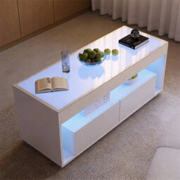 High Gloss Coffee Table With Led Glass Tabletop Light Up 2-Darwer Sofa Side Table - thumbnail 2