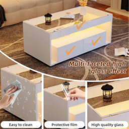 High Gloss Coffee Table With Led Glass Tabletop Light Up 2-Darwer Sofa Side Table - thumbnail 5