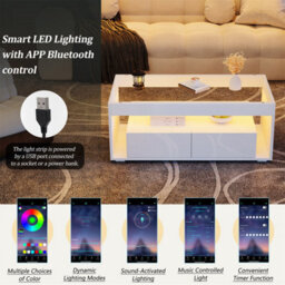 High Gloss Coffee Table With Led Glass Tabletop Light Up 2-Darwer Sofa Side Table - thumbnail 4