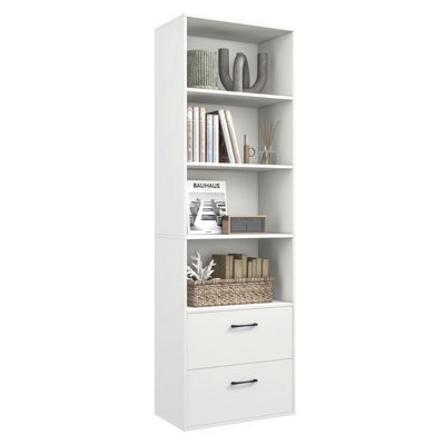 Costway 6-Tier Wood Tall Bookshelf Bookcase Organizer Display Shelf W/ 2 Drawers - image 1