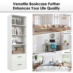 Costway 6-Tier Wood Tall Bookshelf Bookcase Organizer Display Shelf W/ 2 Drawers - thumbnail 3