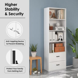 Costway 6-Tier Wood Tall Bookshelf Bookcase Organizer Display Shelf W/ 2 Drawers - thumbnail 4