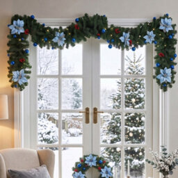 Living And Home 2.7M Artificial Christmas Garland With Led Lights Blue Flower Red Berry Home Decoration - thumbnail 2