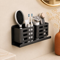 Bathroom Shelf, Punch Free Double Tier Storage Organizer, Black - thumbnail 1