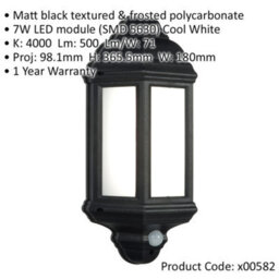 Traditional Ip44 Wall Lantern Light With Pir - 7W Cool White Led - Matt Black - thumbnail 2
