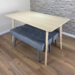 Doubs Dining Table And 2 Grey Velvet Benches Set, Oak Effect 3-Piece Dining Set - thumbnail 4
