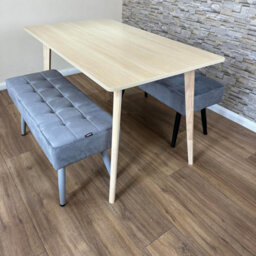 Doubs Dining Table And 2 Grey Velvet Benches Set, Oak Effect 3-Piece Dining Set - thumbnail 5