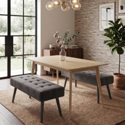 Doubs Dining Table And 2 Grey Velvet Benches Set, Oak Effect 3-Piece Dining Set - thumbnail 1