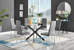 Furniturebox Uk Novara Black Leg 120Cm Round Glass Dining Table & 6 Grey Milan Chrome Leg Chairs - thumbnail 1