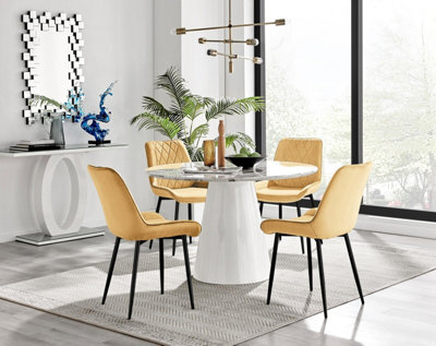 Furniturebox Uk Palma White Marble Effect Round Dining Table & 4 Mustard Pesaro Black Leg Chairs - image 1