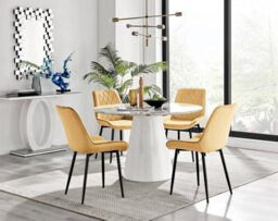 Furniturebox Uk Palma White Marble Effect Round Dining Table & 4 Mustard Pesaro Black Leg Chairs - thumbnail 1