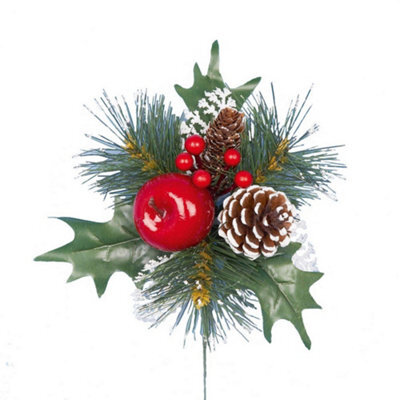 Premier Frosted Pine Cone & Apple Pick Christmas Decoration Green/red/brown (One Size) - image 1
