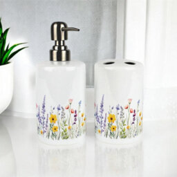 Purely Home Wildflower Bathroom Set - Refillable Ceramic Soap Dispenser & Toothbrush Holder - thumbnail 2