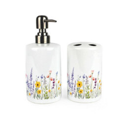 Purely Home Wildflower Bathroom Set - Refillable Ceramic Soap Dispenser & Toothbrush Holder