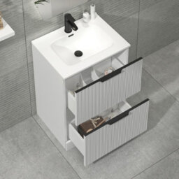 Royal Bathrooms Evora 700mm Matt White Fluted Floor Standing Bathroom Vanity Unit 2 Drawer With Ceramic Basin & Matt Black Handles - thumbnail 4