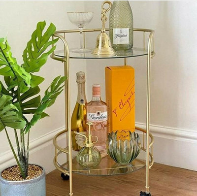 Spot On Dealz Drinks Trolley Kitchen Island Bar Cart Trolley Serving Cart With Two Glass Shelves Gold Mini Bar Table - image 1