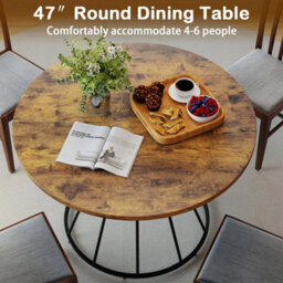Round Dining Table For 4 118Cm Farmhouse Kitchen Table Wooden Top Metal Base - thumbnail 4