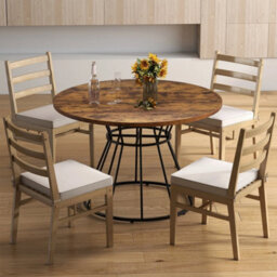 Round Dining Table For 4 118Cm Farmhouse Kitchen Table Wooden Top Metal Base - thumbnail 3