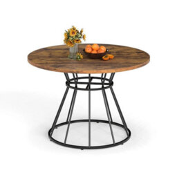 Round Dining Table For 4 118Cm Farmhouse Kitchen Table Wooden Top Metal Base - thumbnail 1
