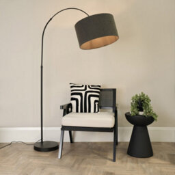 Valuelights Louis Black Arched Curved Floor Lamp With Charcoal Boucle Drum Lamp Shade And Led Bulb - thumbnail 1