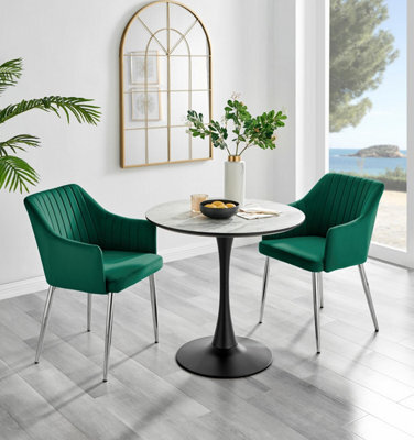 Furniturebox Uk Elina White Marble Effect Round Dining Table & 2 Green Calla Silver Leg Chairs - image 1