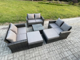 Fimous 8 Seater Rattan Garden Furniture Set Conservatory Patio Sofa Coffee Table Set With 2 Big Footstool Dark Grey Mixed - thumbnail 2