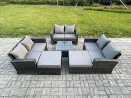 Fimous 8 Seater Rattan Garden Furniture Set Conservatory Patio Sofa Coffee Table Set With 2 Big Footstool Dark Grey Mixed - thumbnail 1