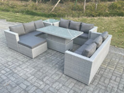 Fimous Lounge Rattan Garden Furniture Set Adjustable Rising Lifting Table Dining Set With Side Coffee Tea Table Footstool - thumbnail 2
