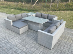 Fimous Lounge Rattan Garden Furniture Set Adjustable Rising Lifting Table Dining Set With Side Coffee Tea Table Footstool - thumbnail 1
